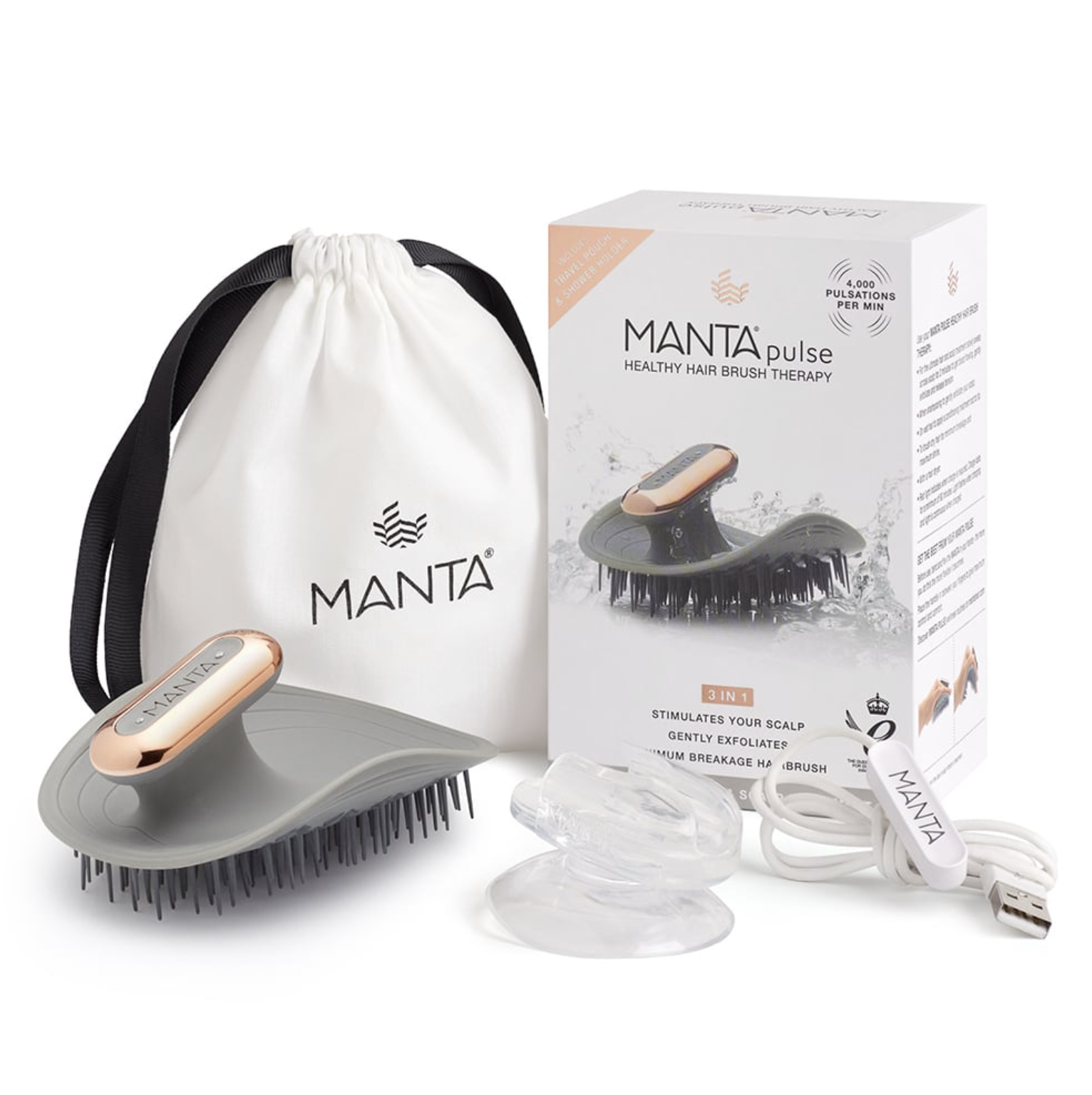 Manta Pulse Brush Grey - Массажная щетка для волос серая с держателем